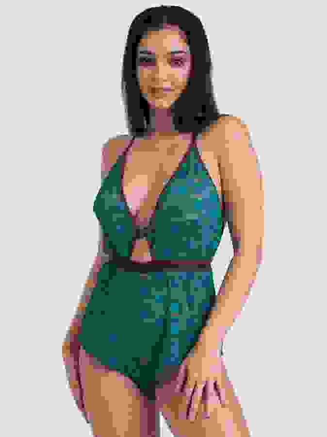 Lovehoney Mindful Teal Lace Plunging Teddy, Green, hi-res